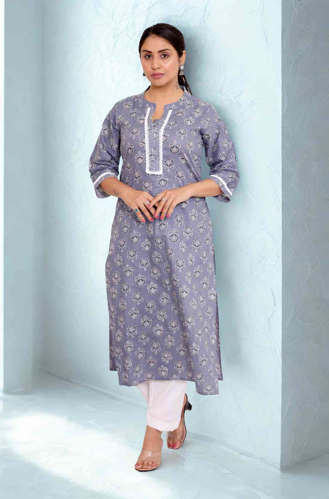 Grey Printed Cotton Straight Kurta – Front View
