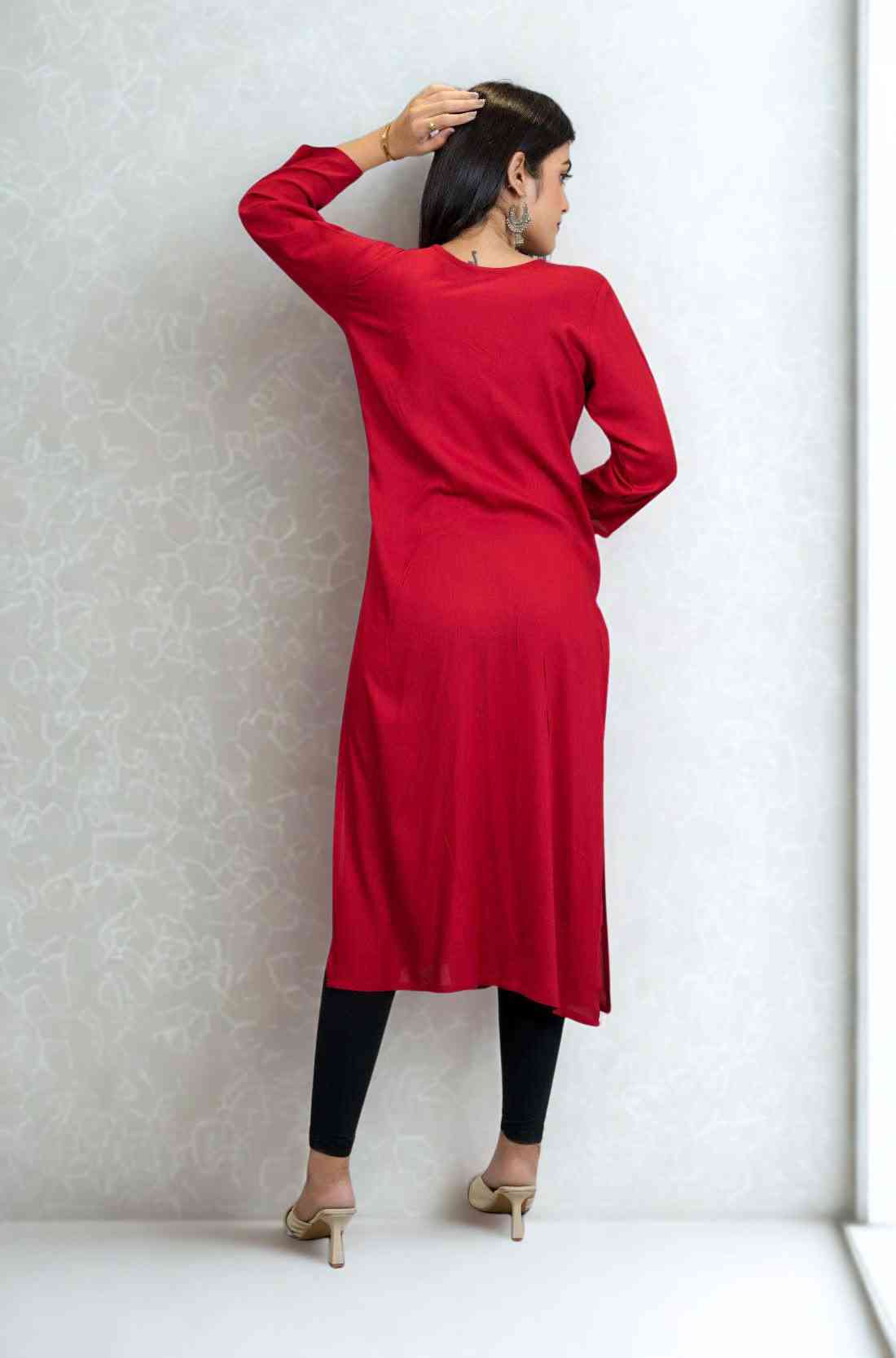 Maroon Hand Embroidery and Block print Aline Kurta – Back View