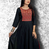 Black hand embroidery and block print a line kurti in showing flare hem.