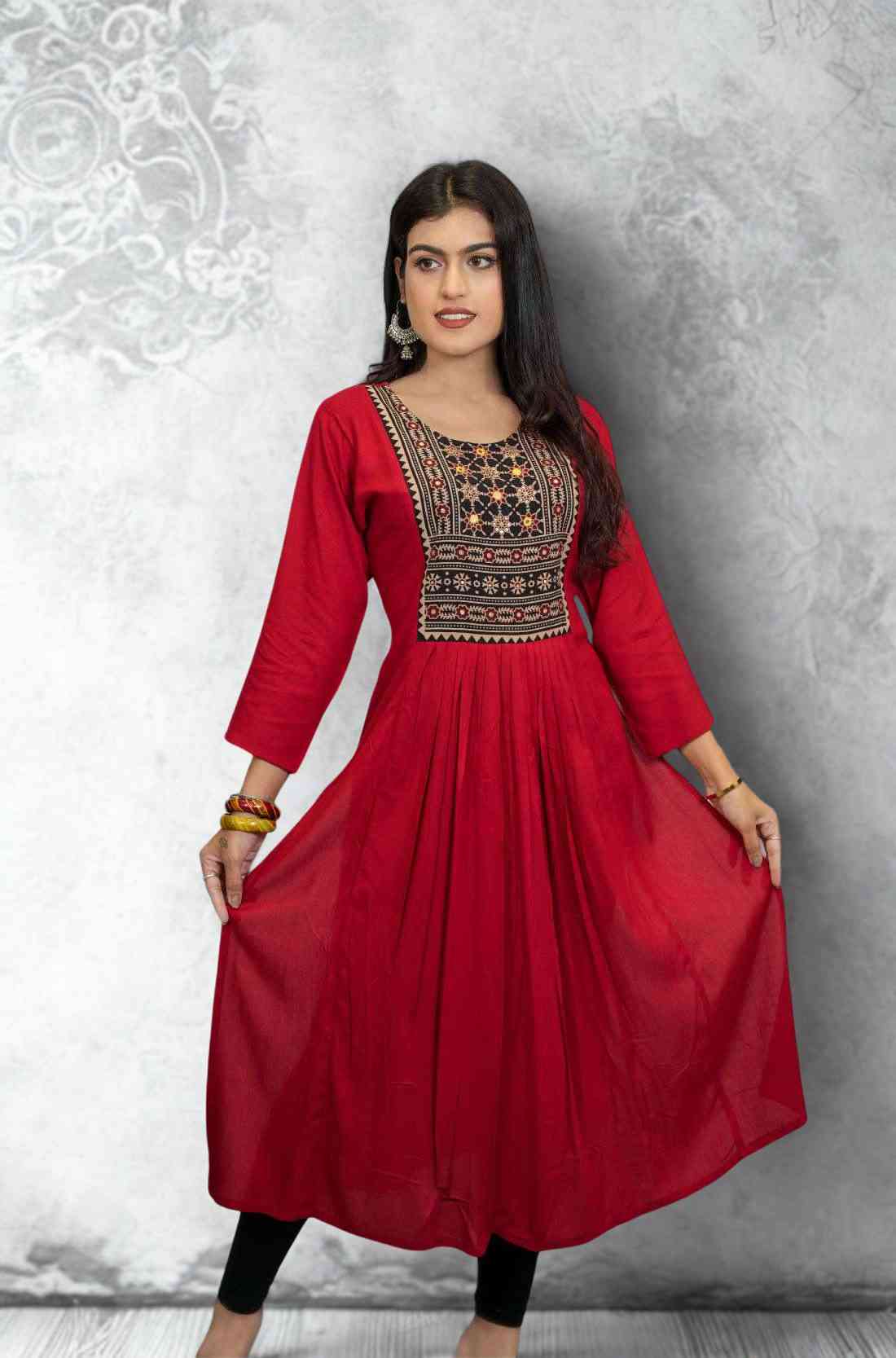 Maroon Hand Embroidered and Block Print Aline Kurta – Flared Hem View