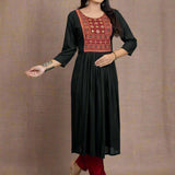Black hand enbroidery and block print a line kurti in front full view