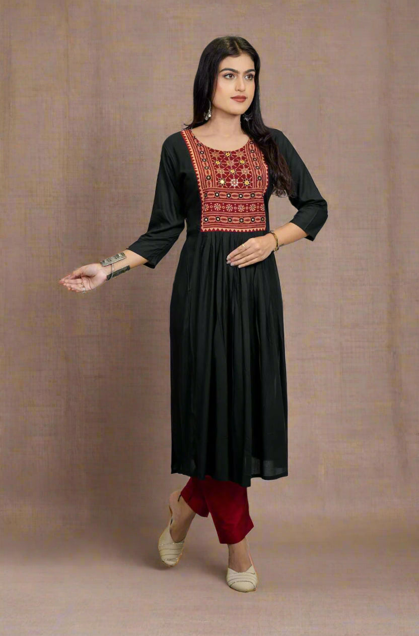 Black hand enbroidery and block print a line kurti in front full view