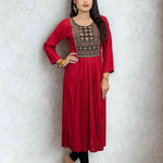 Maroon Hand Embroidered Block Printed Aline Kurta full front view.