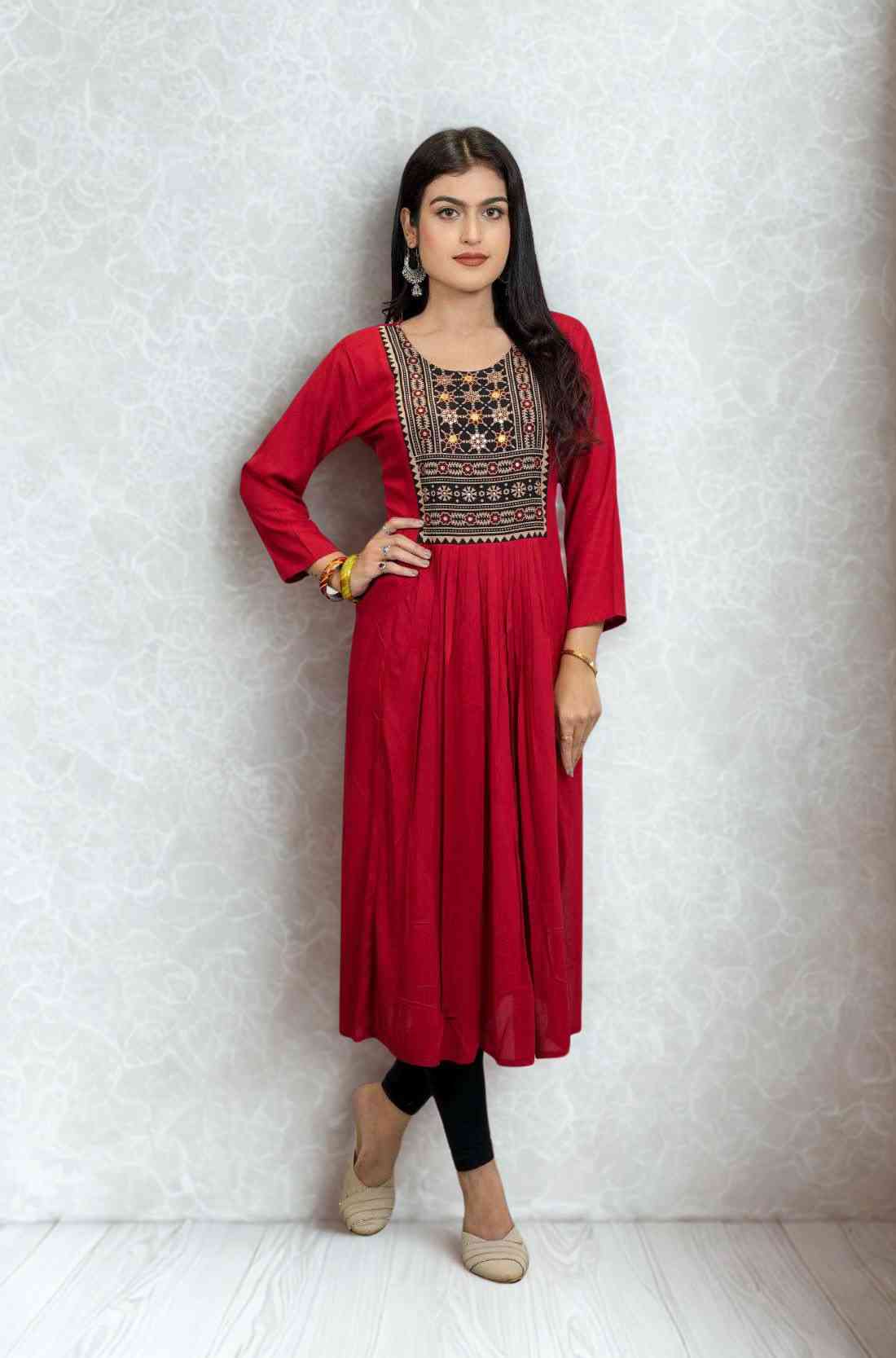 Maroon Hand Embroidered Block Printed Aline Kurta full front view.