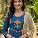 Close-up of the hand embroidered floral yoke and round neckline on the royal blue anti-crease crepe kurta with elegant gold accents.