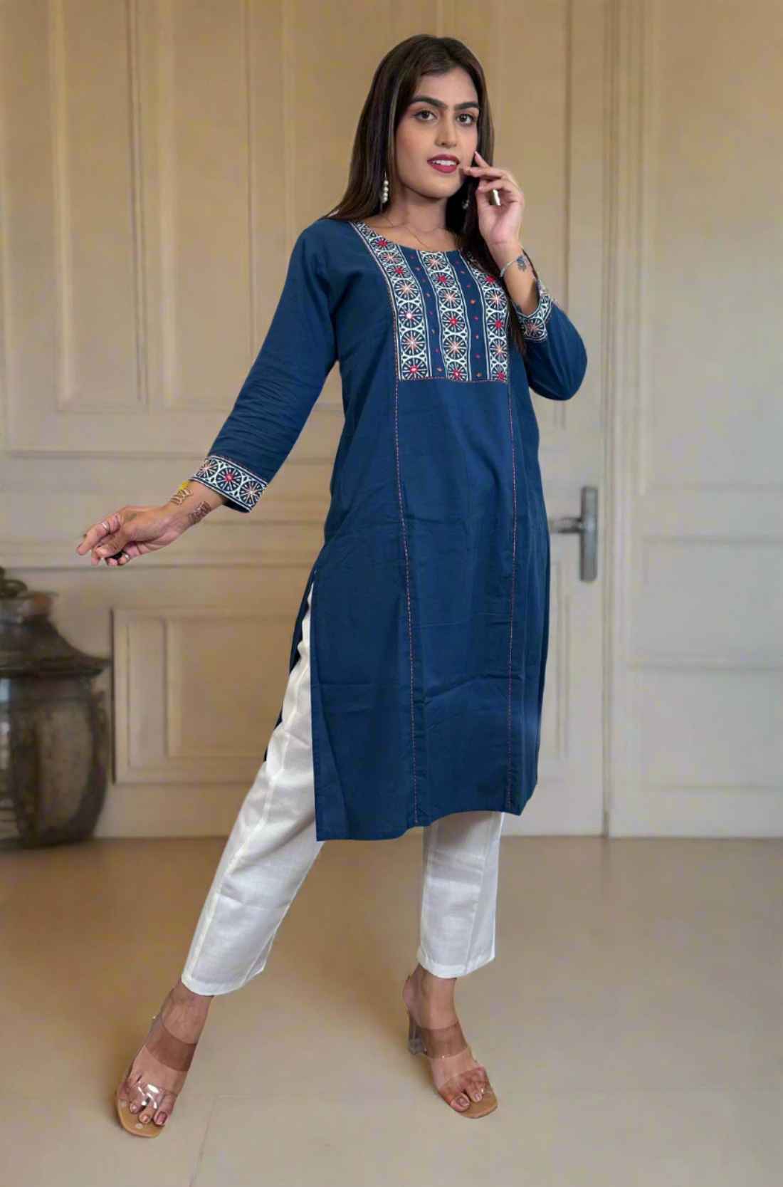 Full Front View – Pure cotton Indigo hand block print mirror work straight kurta