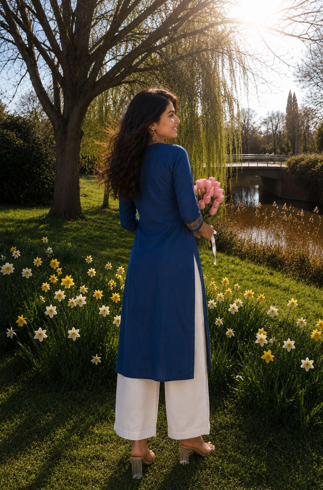Back view of an indigo pure cotton straight-fit kurta with three-quarter sleeves and side slits.