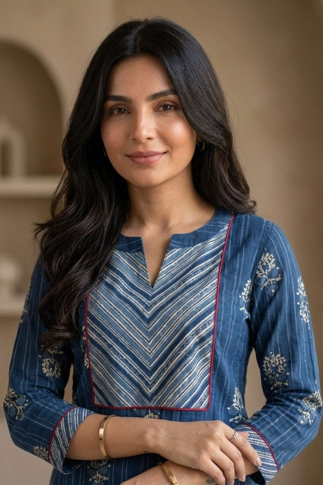 Close-up of the round neckline with contrast diagonal striped yoke, red piping, and white floral hand block print detailing on an indigo pure cotton kurta.