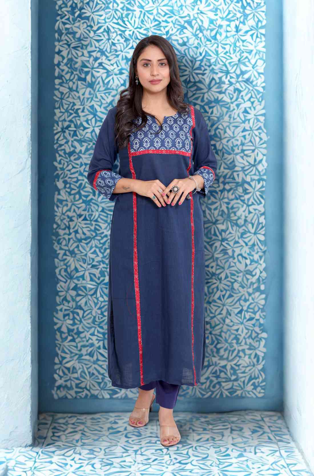 Indigo pure cotton straight kurta – Full-Length View