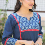 Hand Block Print Detailing on Indigo Kurta – Close-Up View