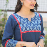 Hand Block Print Detailing on Indigo Kurta – Close-Up View
