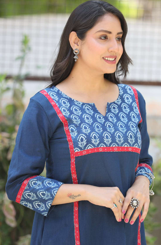 Hand Block Print Detailing on Indigo Kurta – Close-Up View