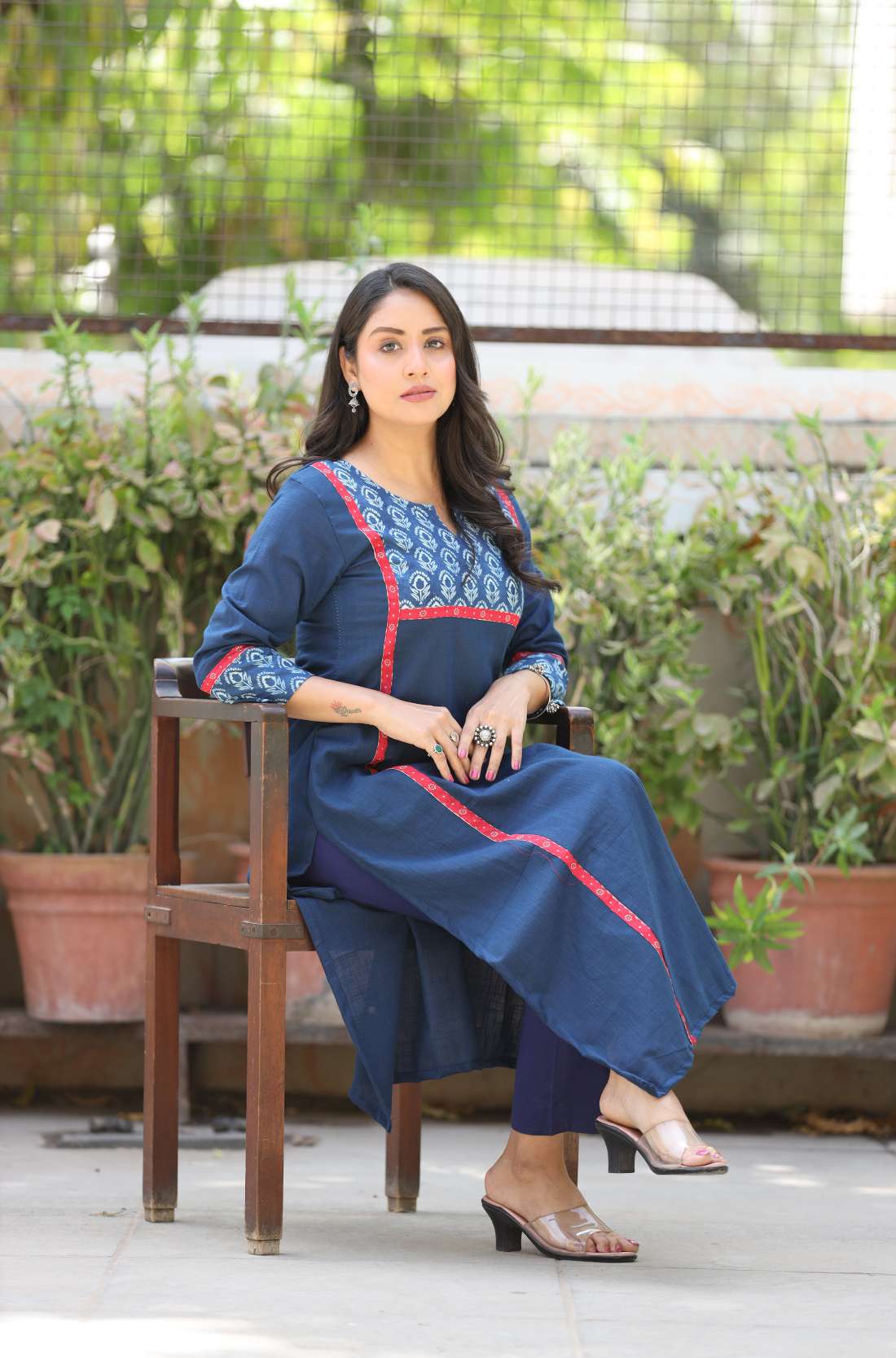 Indigo Cotton Kurta – Sitting Pose View