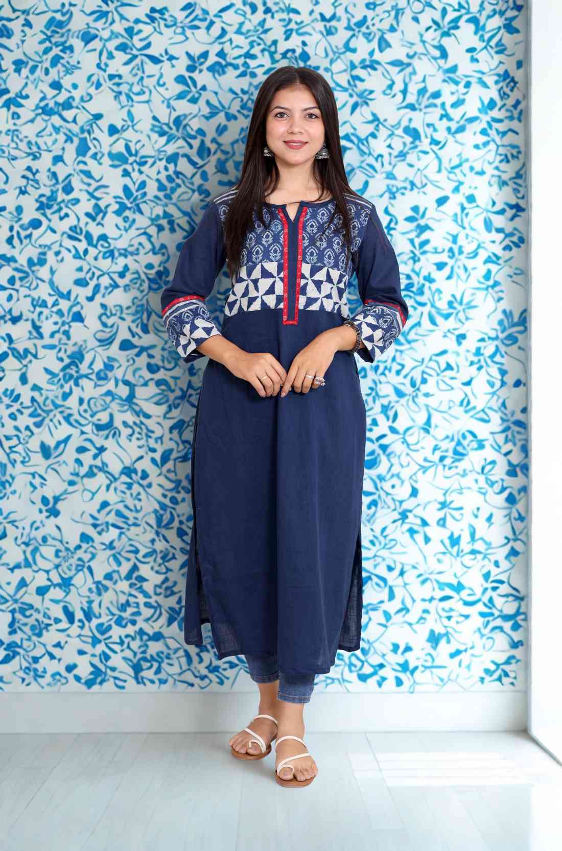 Indigo Pure Cotton Kurti with 3/4 Sleeves – Full-Length View