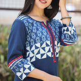 Indigo Cotton Kurti With Block printed Design – Close-up View