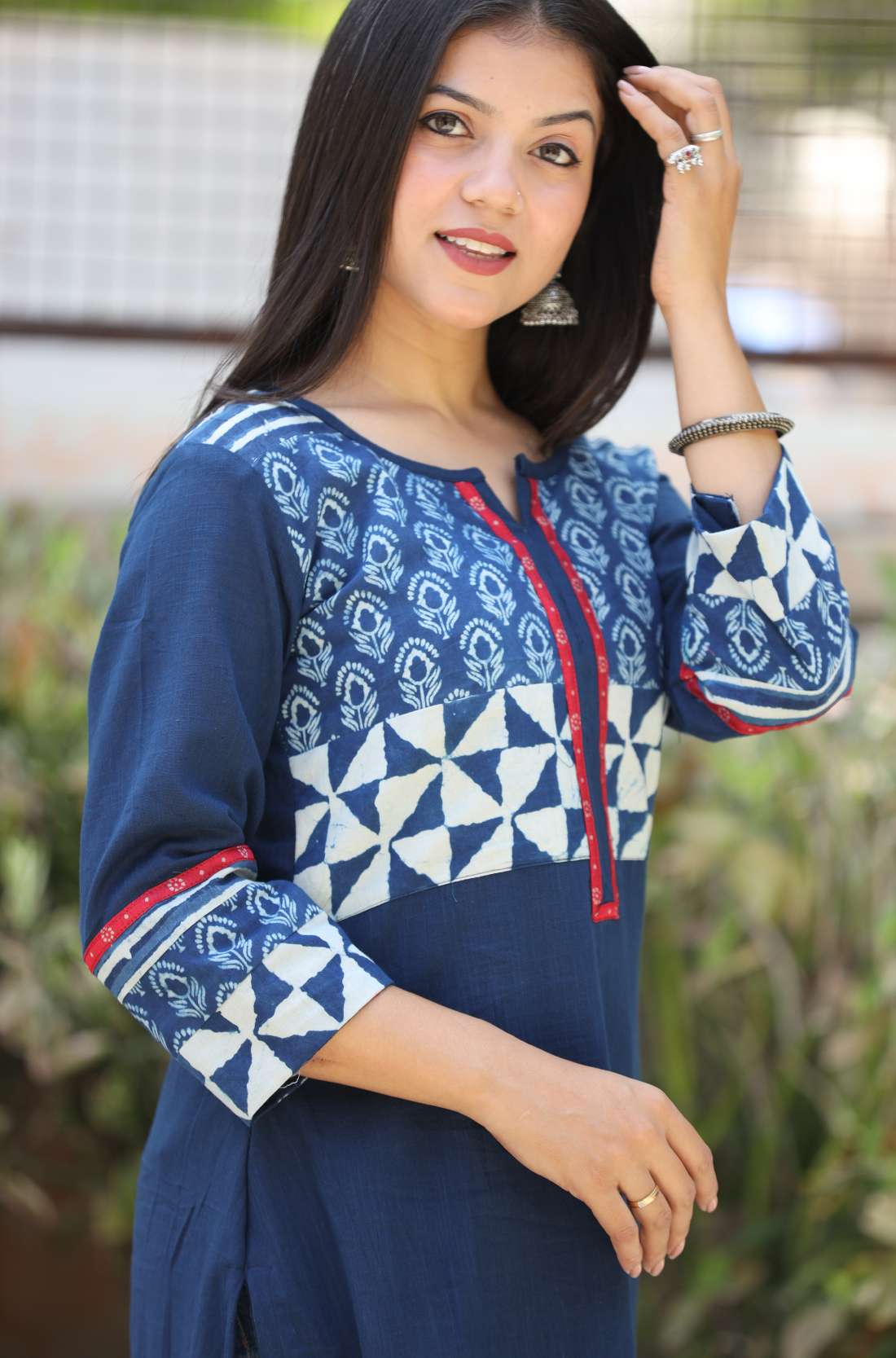 Indigo Cotton Kurti With Block printed Design – Close-up View