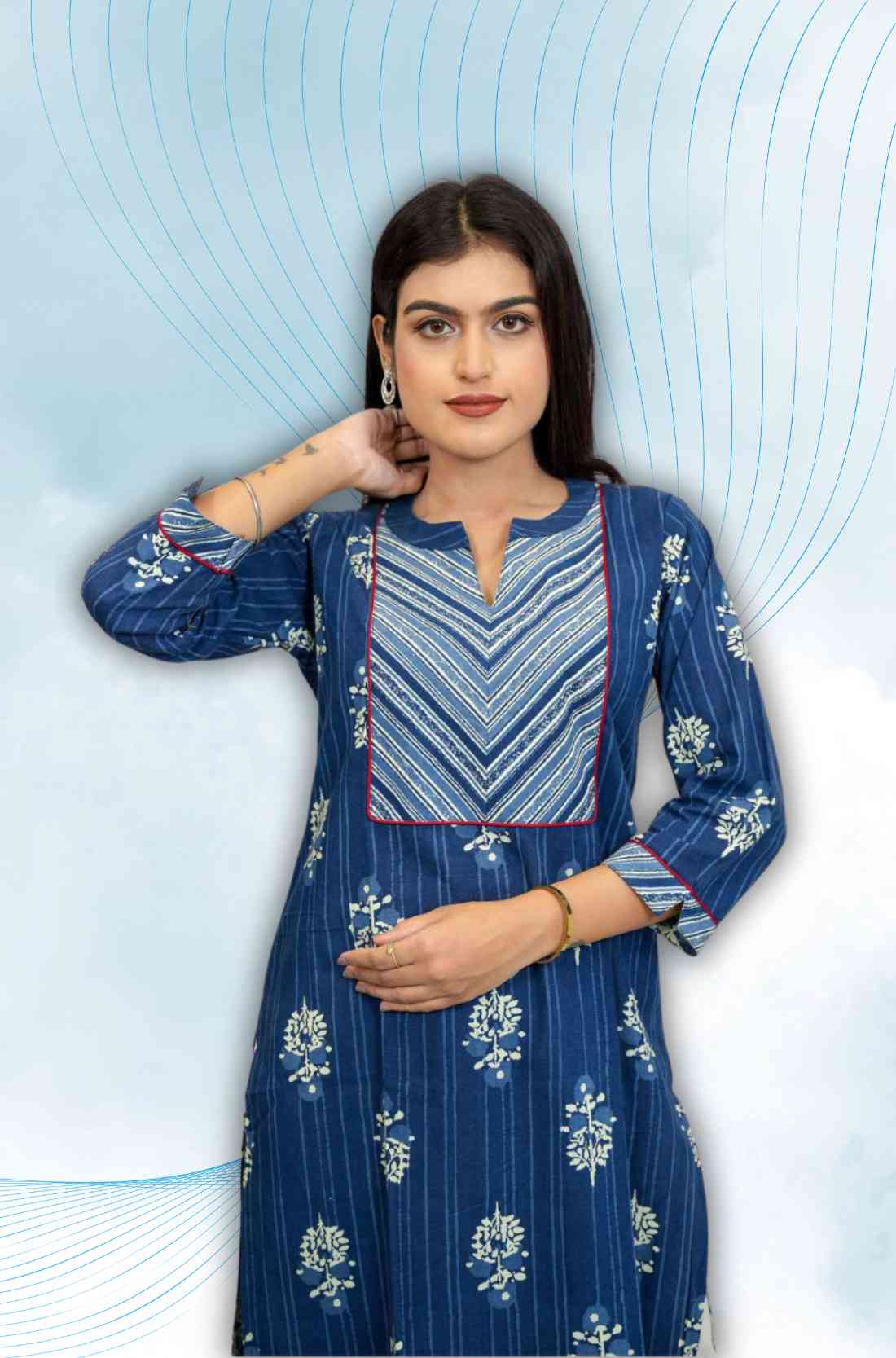 Indigo Block Printed Pure Cotton Straight Kurta – Styled View