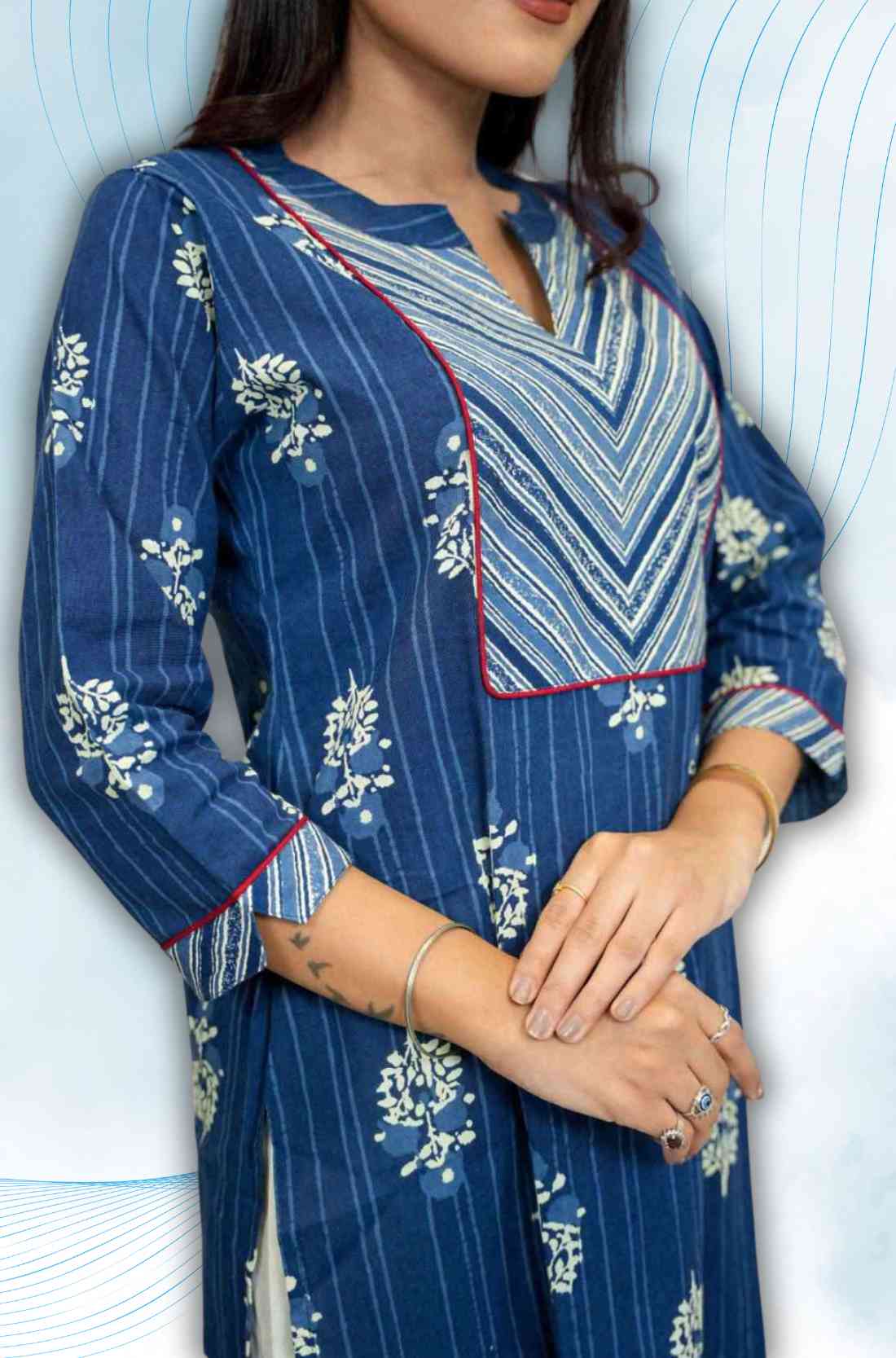 Block Print Detailing on Indigo Kurta – Close-Up View