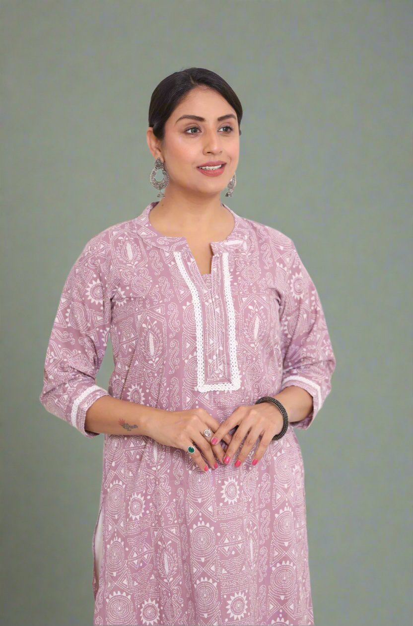 Light Purple Printed Cotton Straight Kurta – Front View