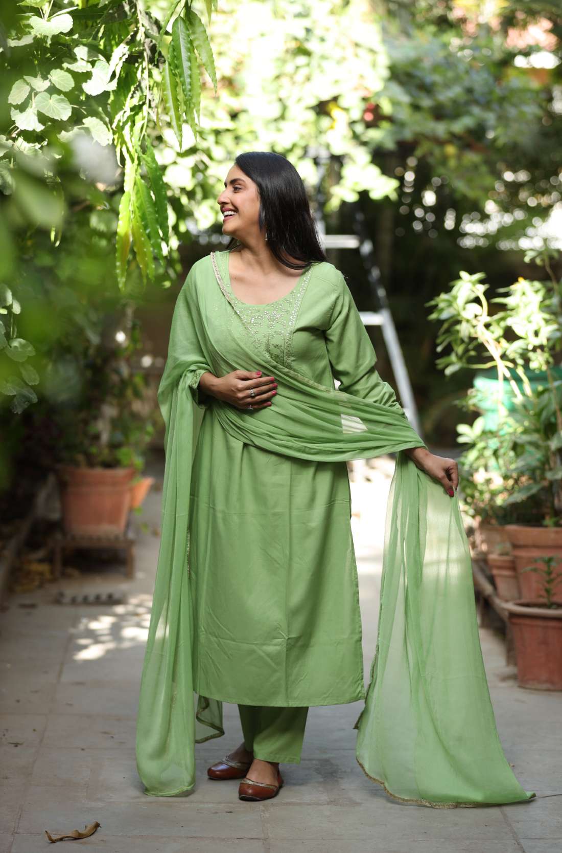 Light Green Embroidered Kurta Set with Dupatta – Front View
