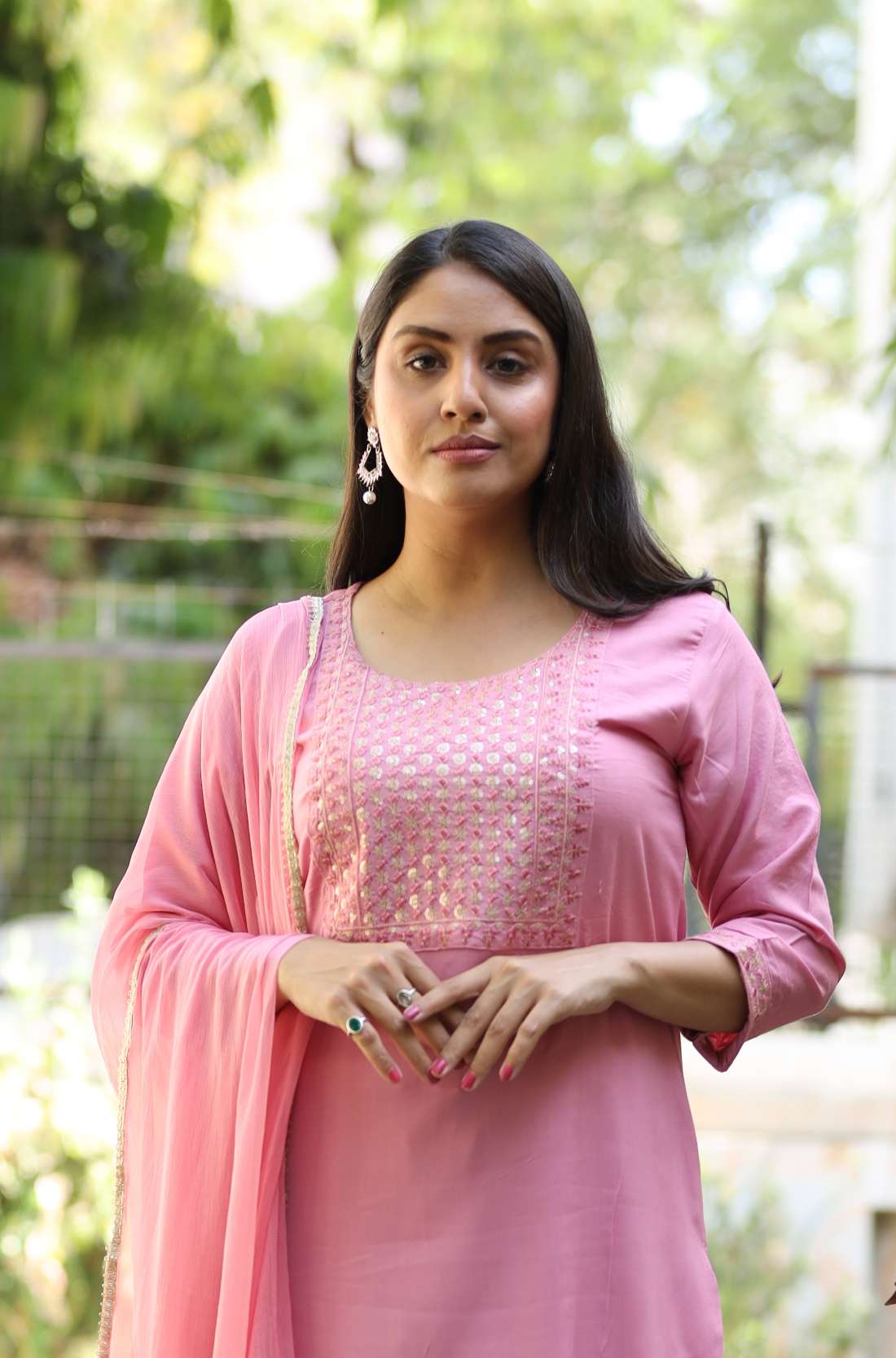 Embroidery Detailing on Light Pink Kurta Set – Close-Up