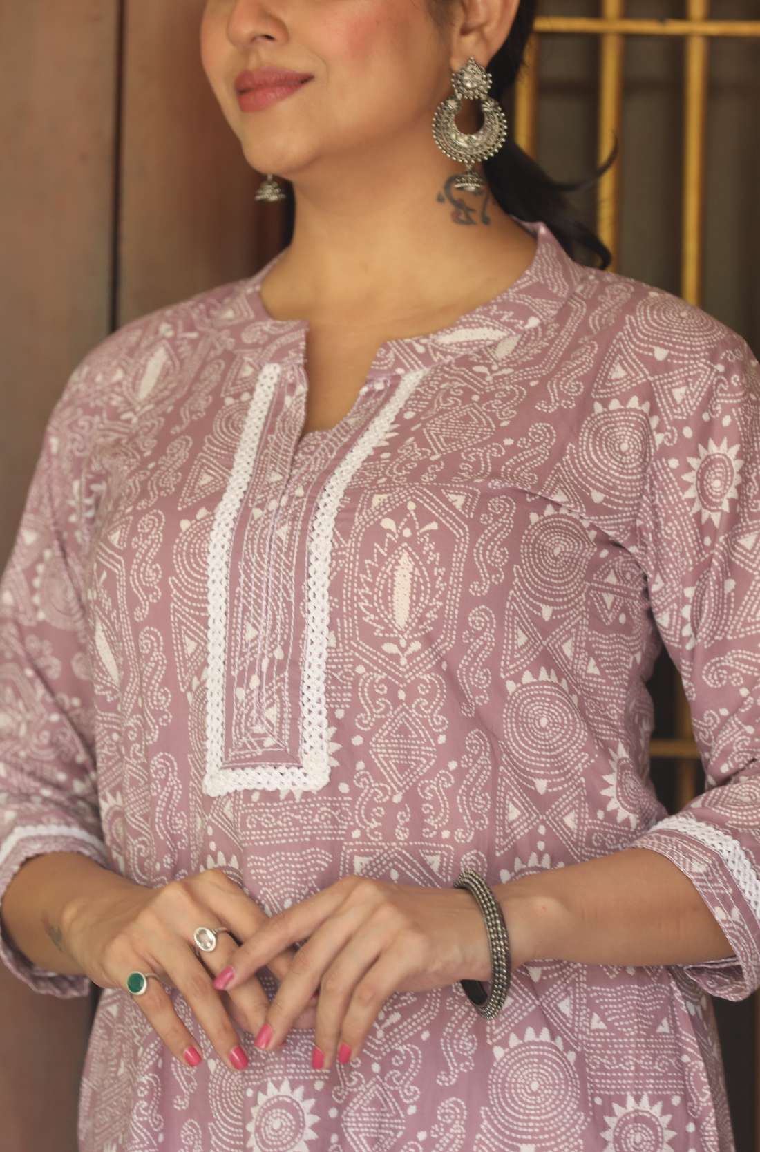 Print Detailing on Light Purple Cotton Kurta – Close-Up
