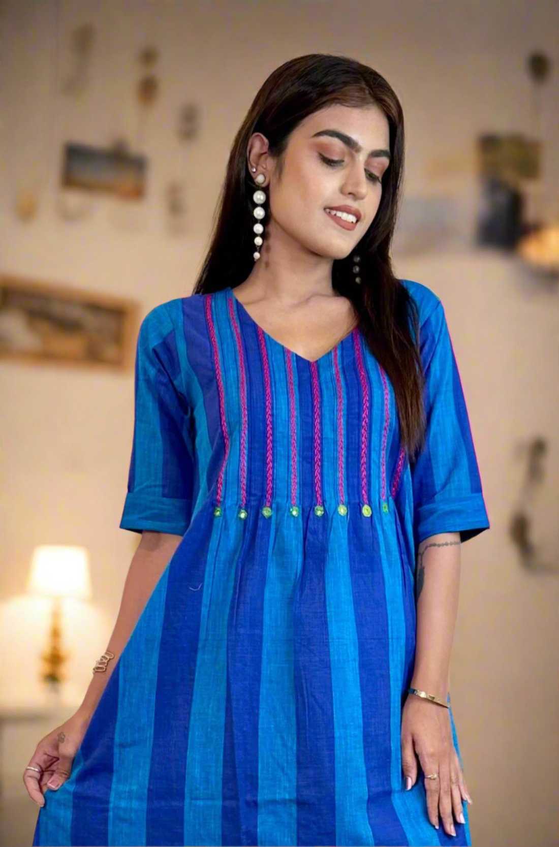 Blue Pintucks Tunic Frock – Close-Up View