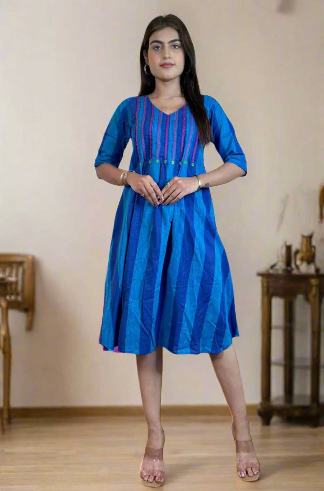 Blue tunic frock with Mirror Handwork – Full Front View