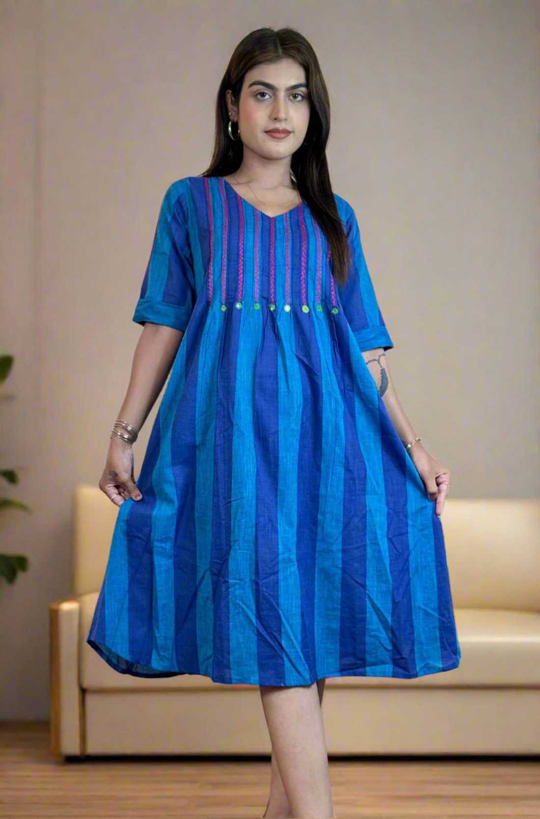 Blue Pintucks Tunic Frock –  Flared Hem View