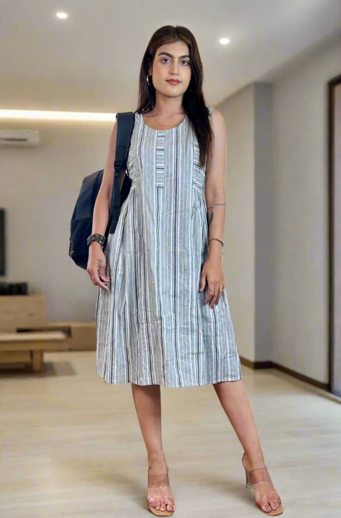 Grey White Stripes Frock – Full Length View With Bag
