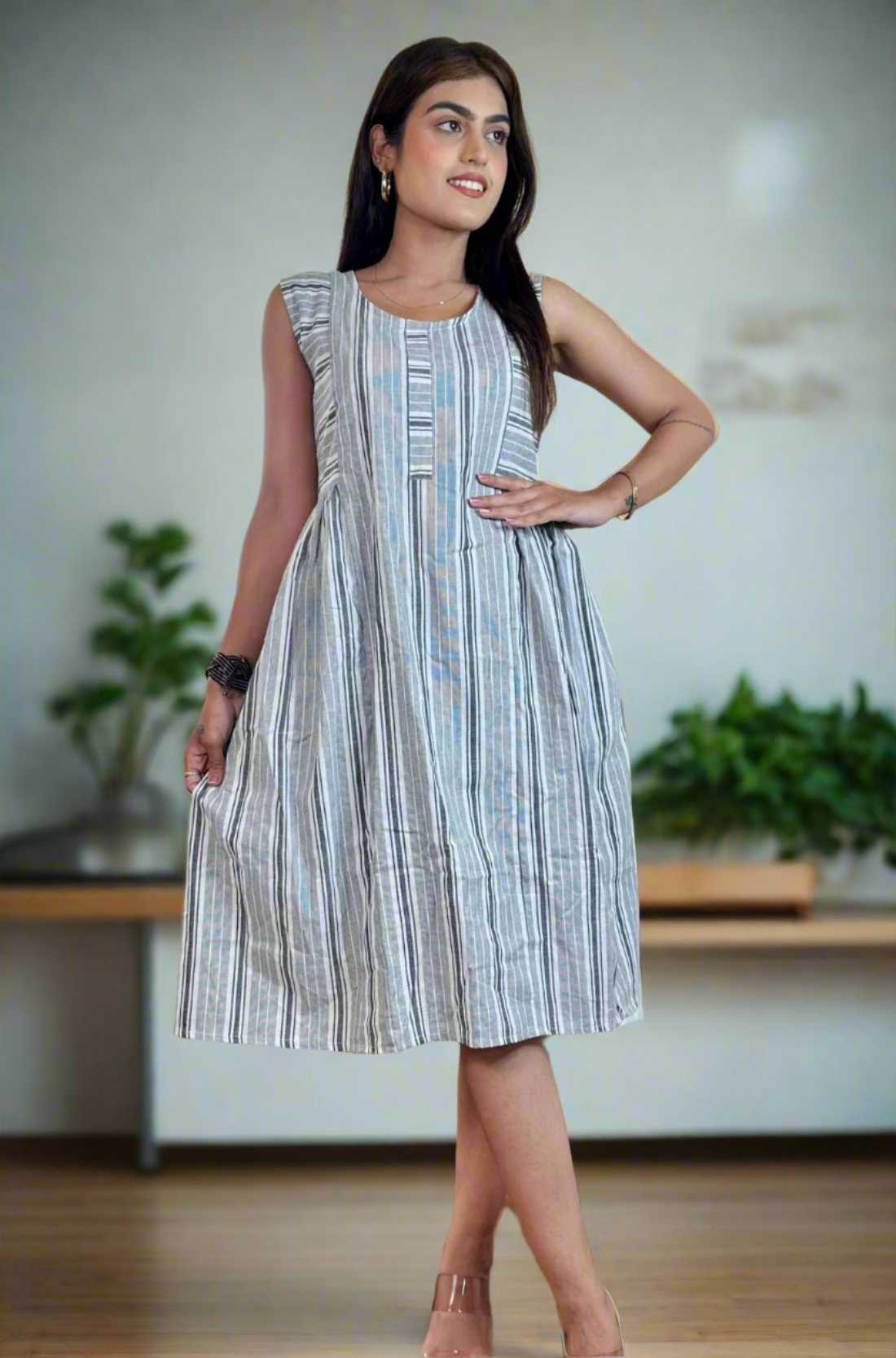 Grey White Stripes Frock – Front View