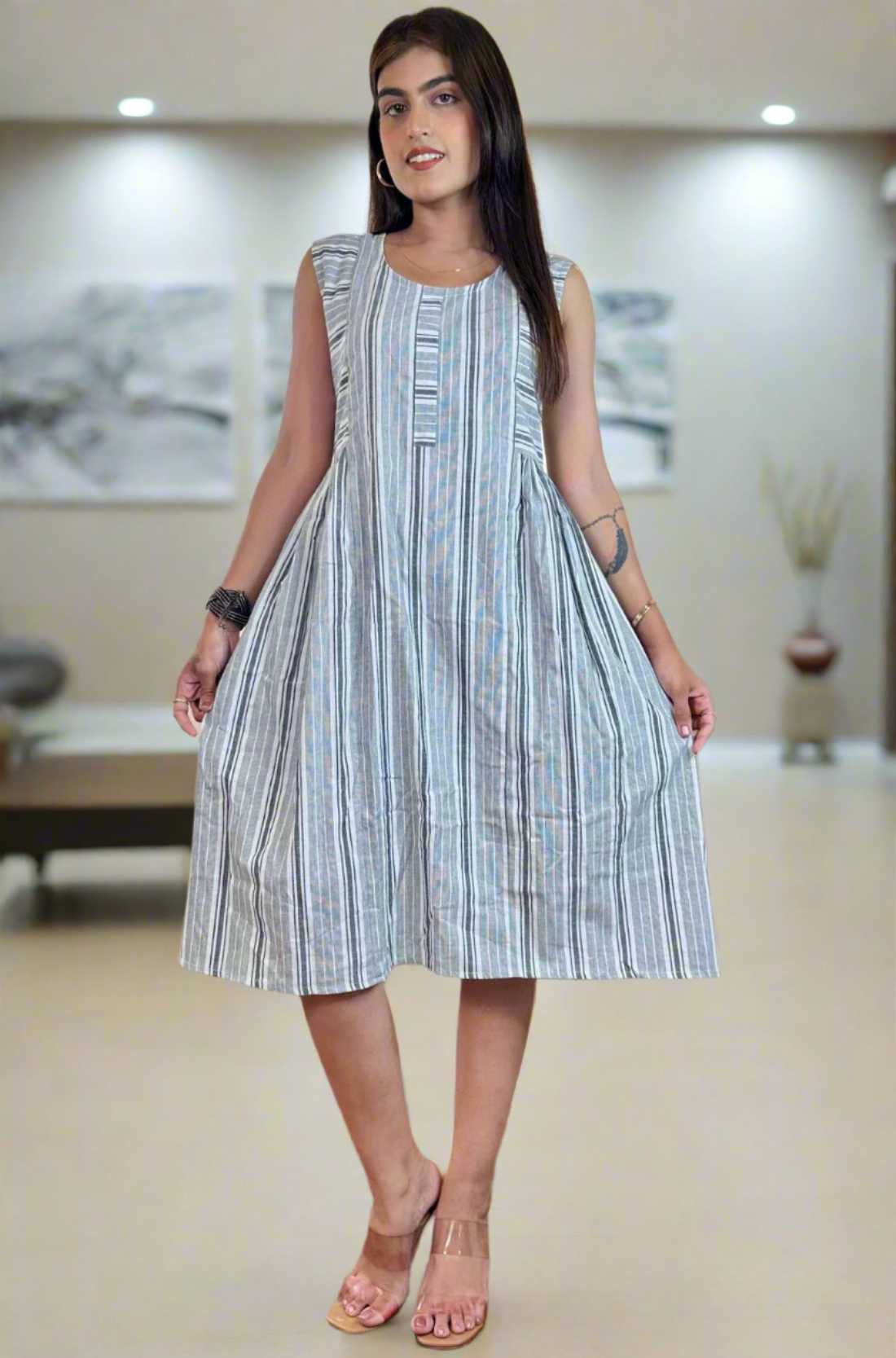 Grey White Stripes Frock – Flared Hem View
