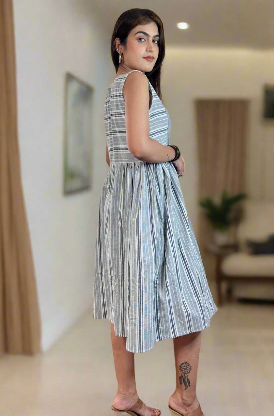 Grey White Stripes Frock – Back View