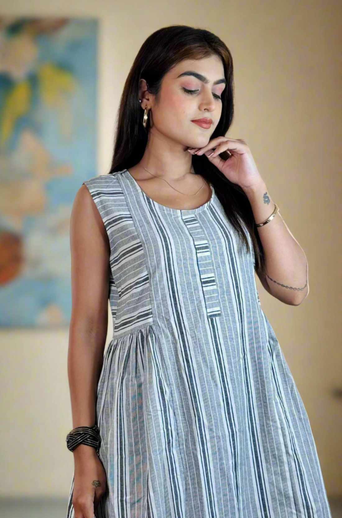 Grey White Stripes Frock – Close-Up