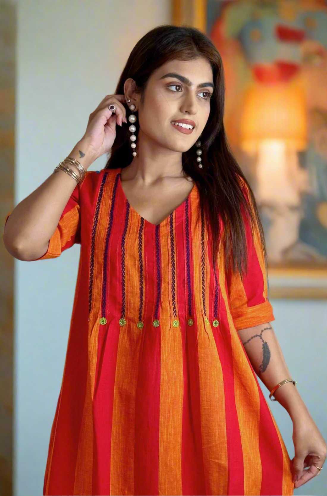 Orange Pintucks Tunic Frock – Close-Up View