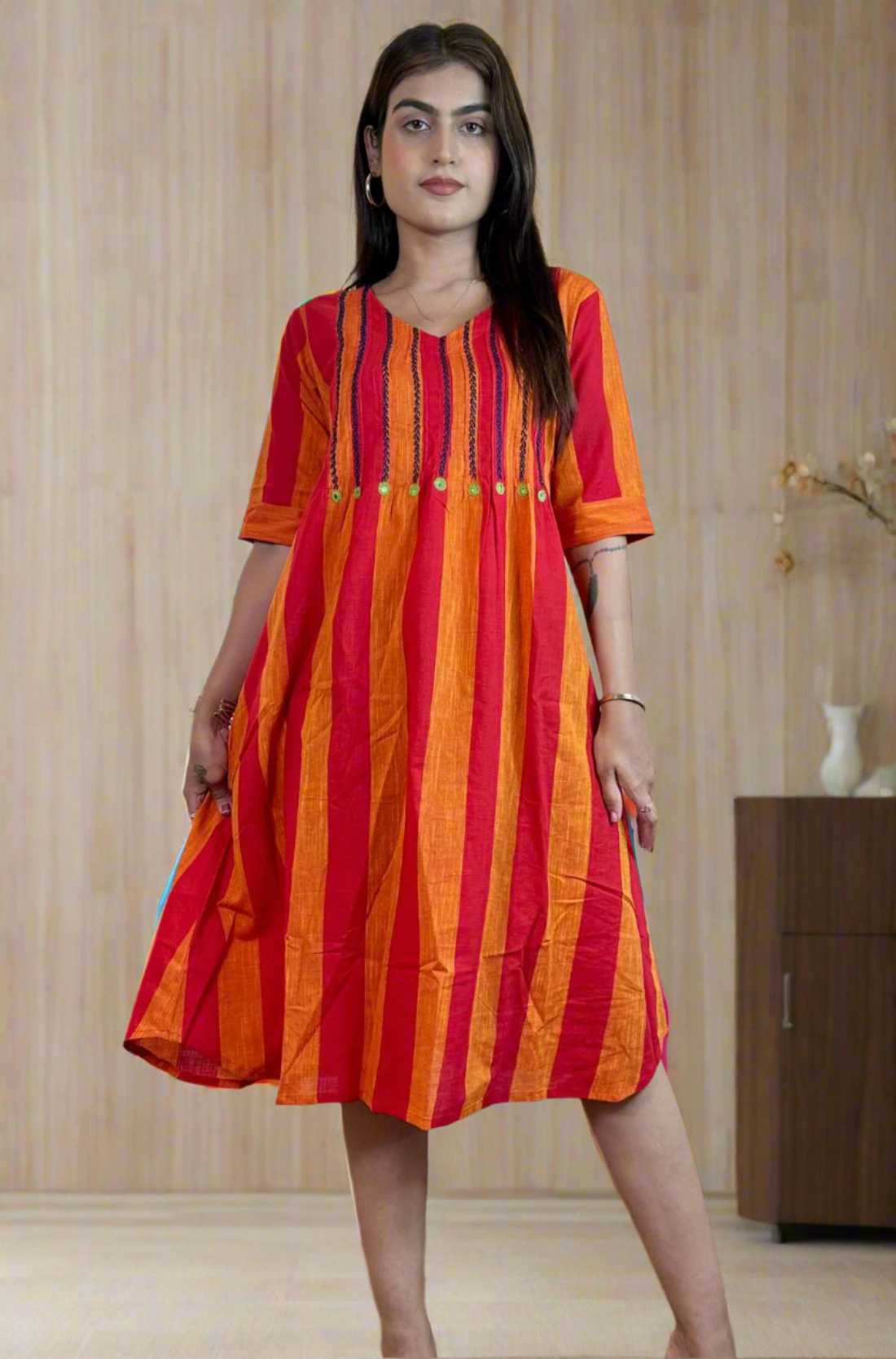 Orange tunic frock with Mirror Handwork – Full Front View