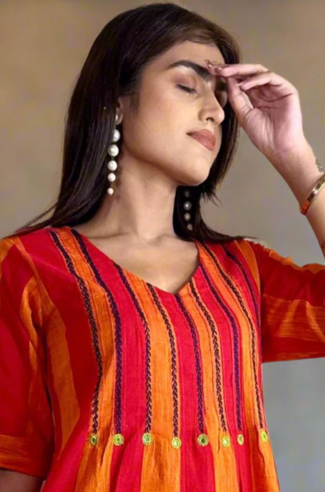 Orange Tunic with Mirror Handwork Detailing – Close-up