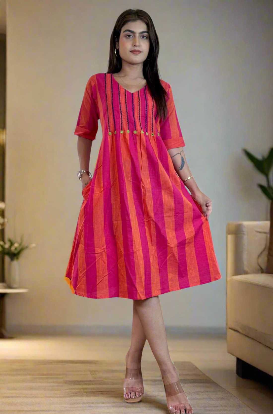 Pink tunic frock with Mirror Handwork – Full Front View