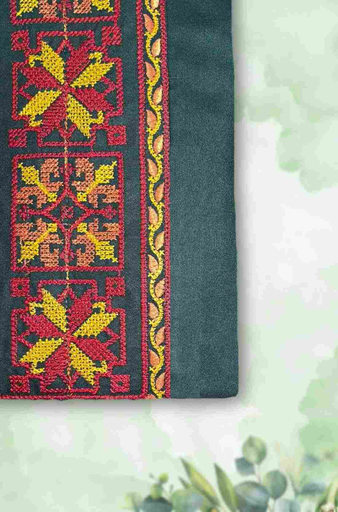 Bottle Green Kurti Fabric – Cross Stitch Embroidery Close-Up