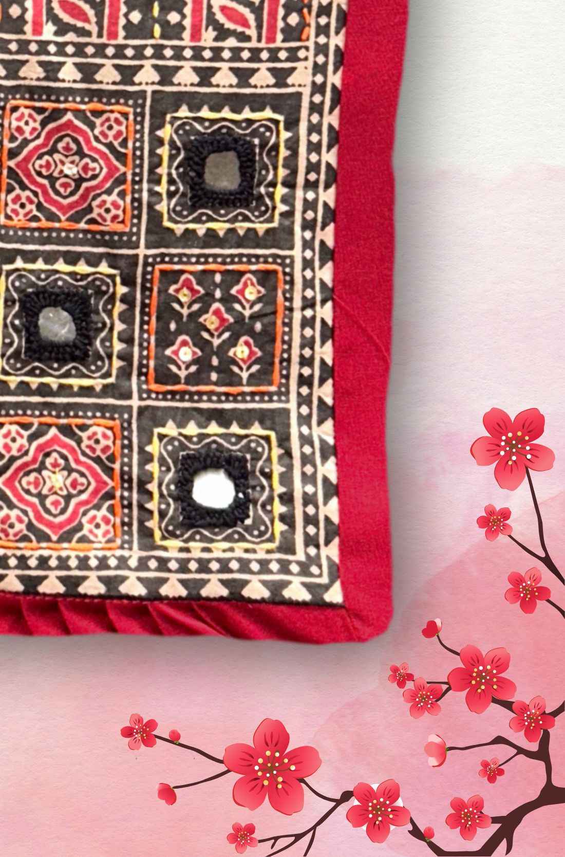 Maroon Unstitched Kurti Material – Embroidary Mirror Work Close-Up