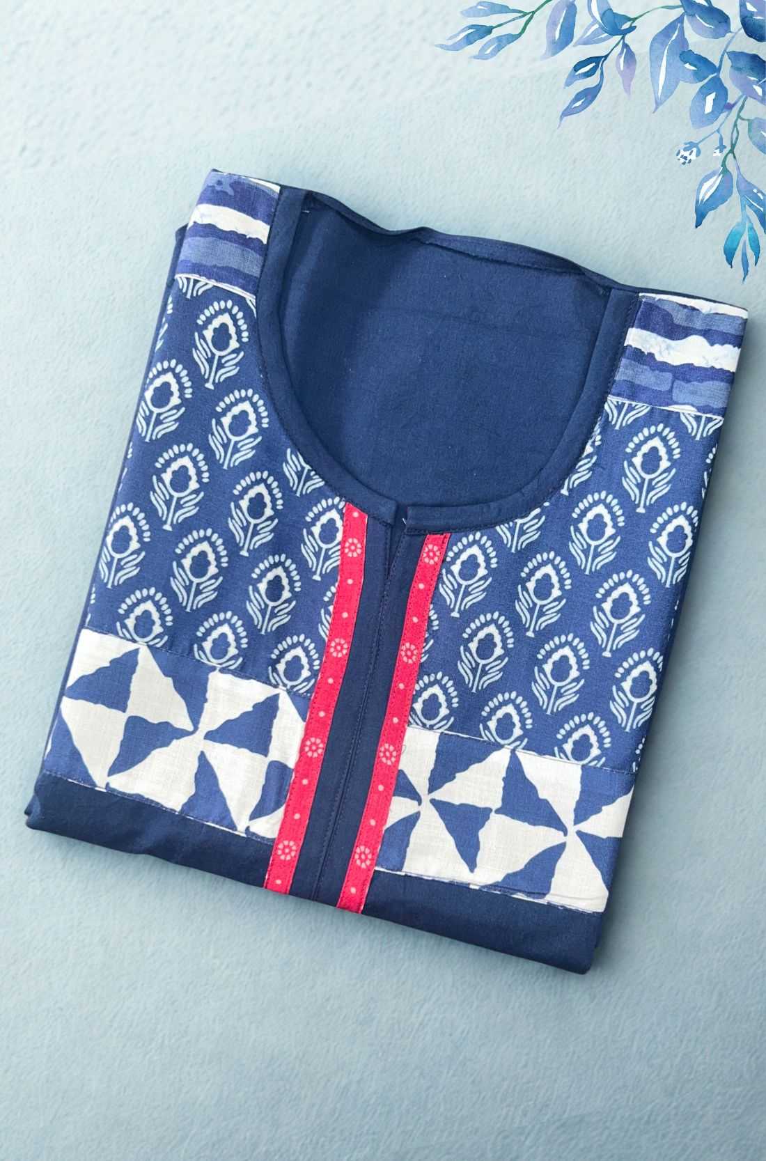 Block Print Detailing on Indigo Kurti Fabric – Printed