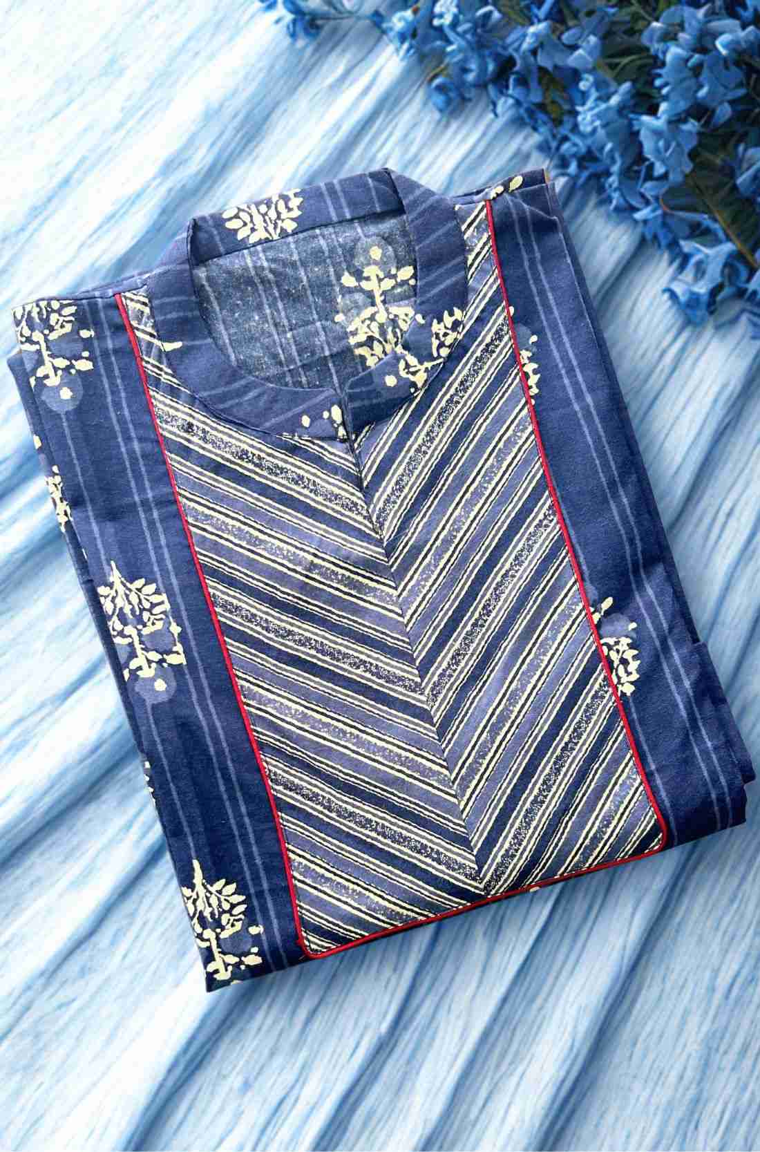 Indigo Block Printed Pure Cotton Kurta Material – Block Printed