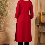 Back view of a maroon rayon A-line kurta showing its plain back and three-quarter sleeves