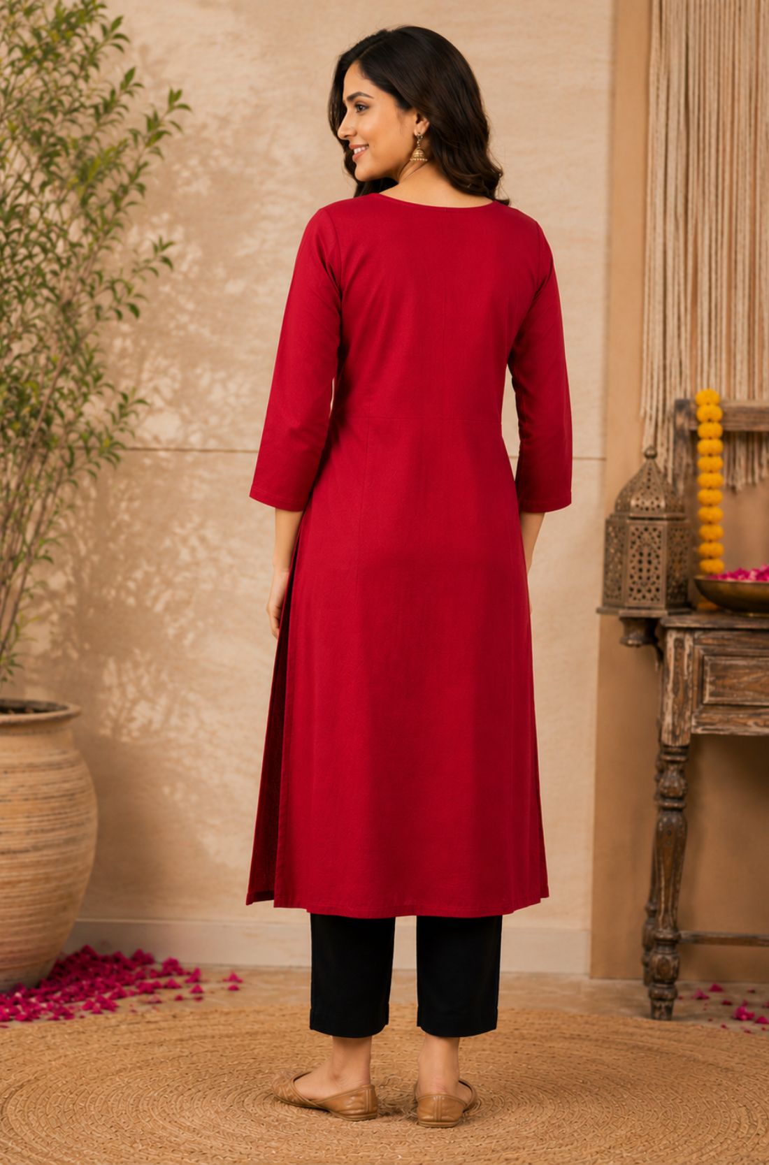Back view of a maroon rayon A-line kurta showing its plain back and three-quarter sleeves