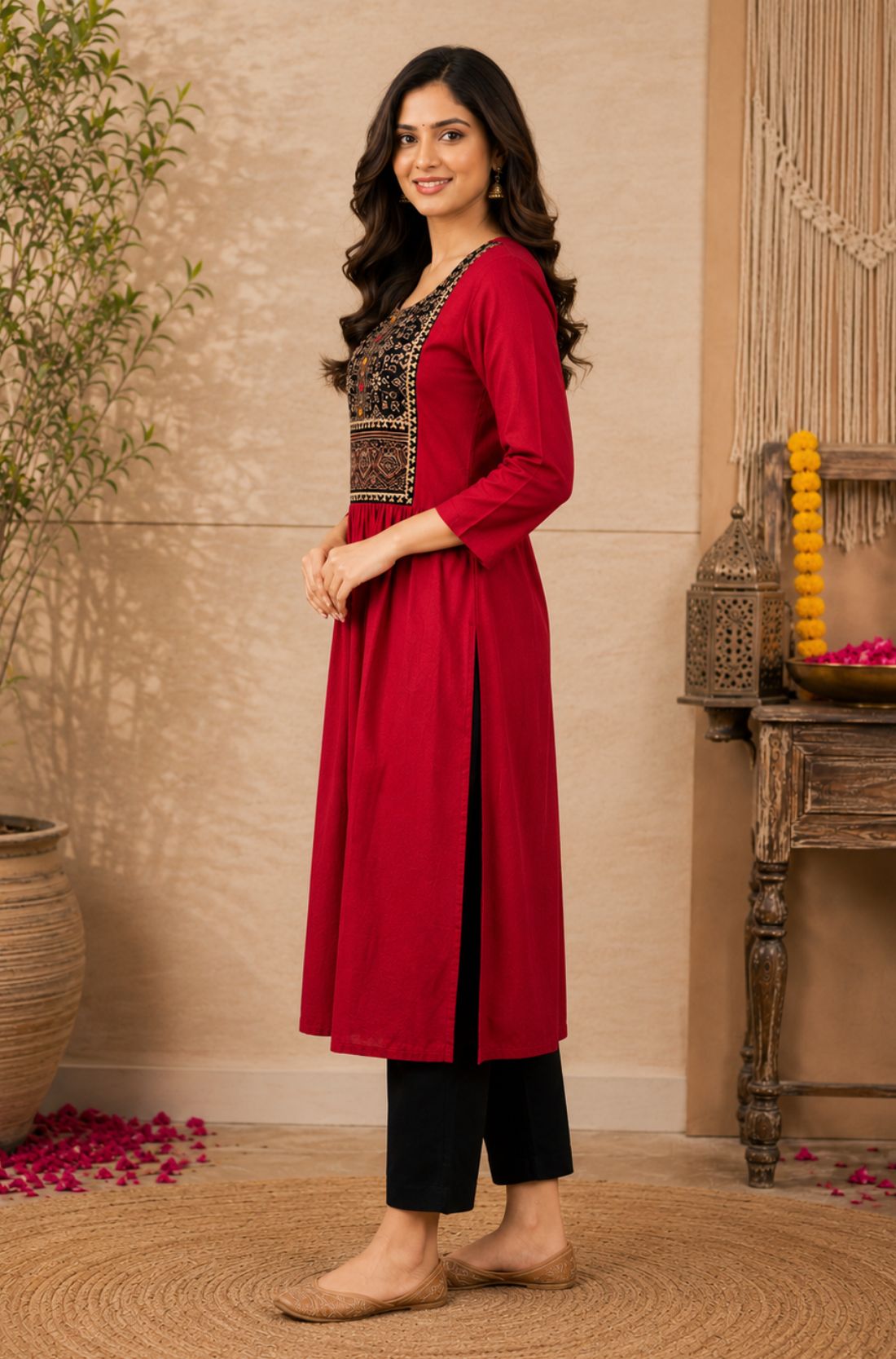 Side view of a maroon rayon A-line kurta showing its flared silhouette and three-quarter sleeves