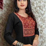 Black Rayon Hand Embroidered Block Printed Aline Kurta – Front View