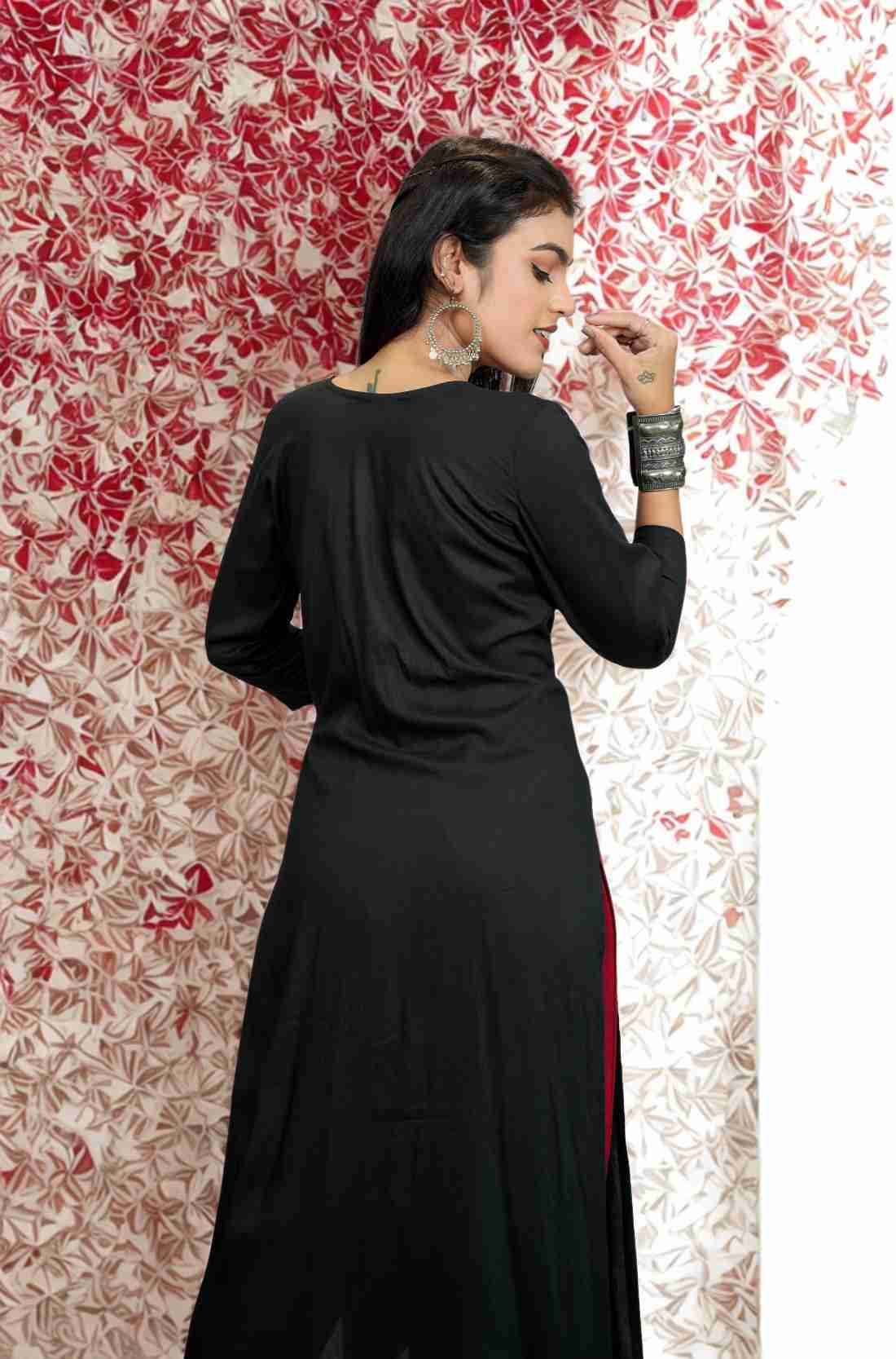Black Rayon Hand Embroidered Aline  Kurta – Back View