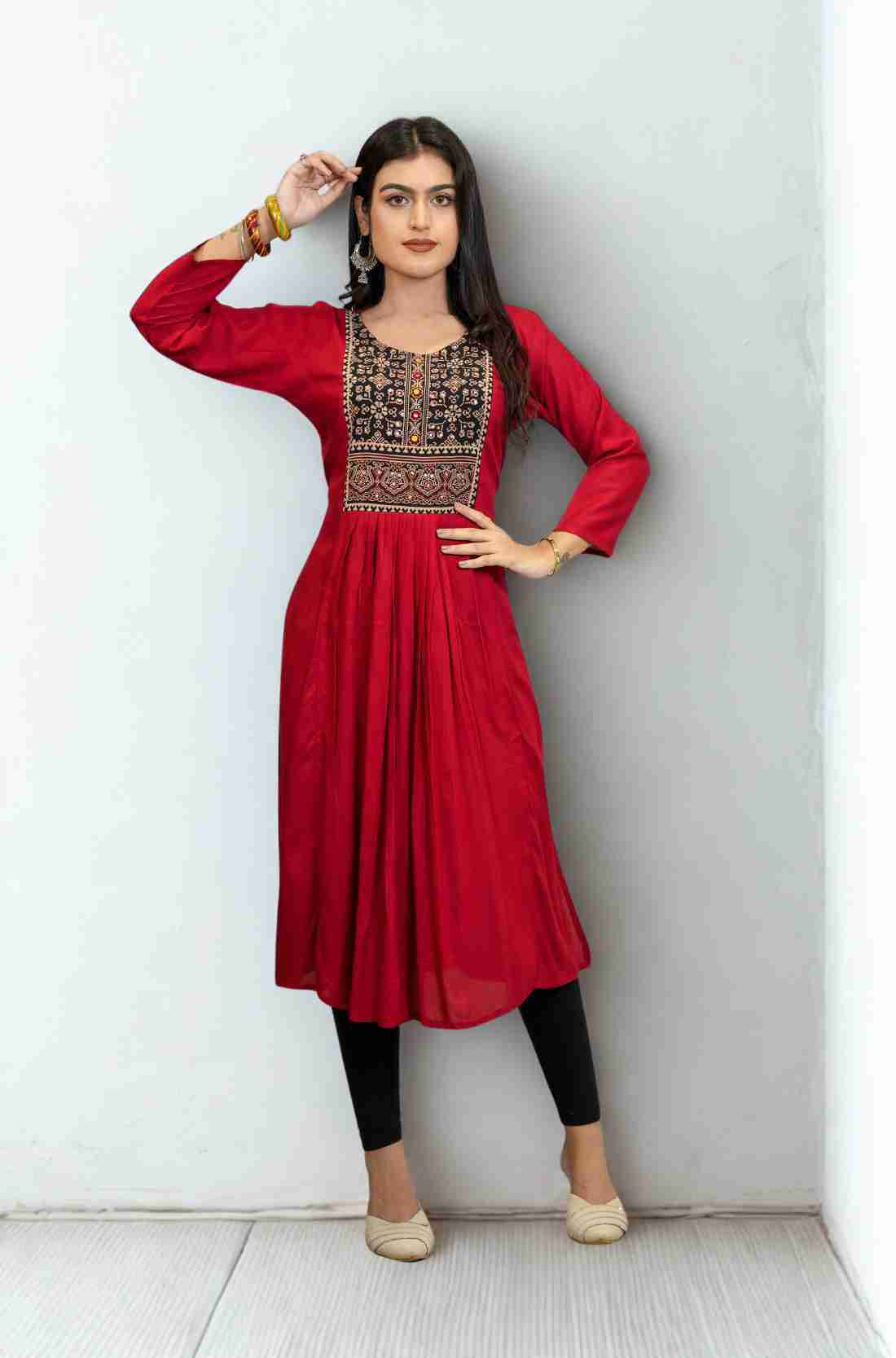 Maroon Rayon Hand Embroidered Block Printed Kurta – Front View
