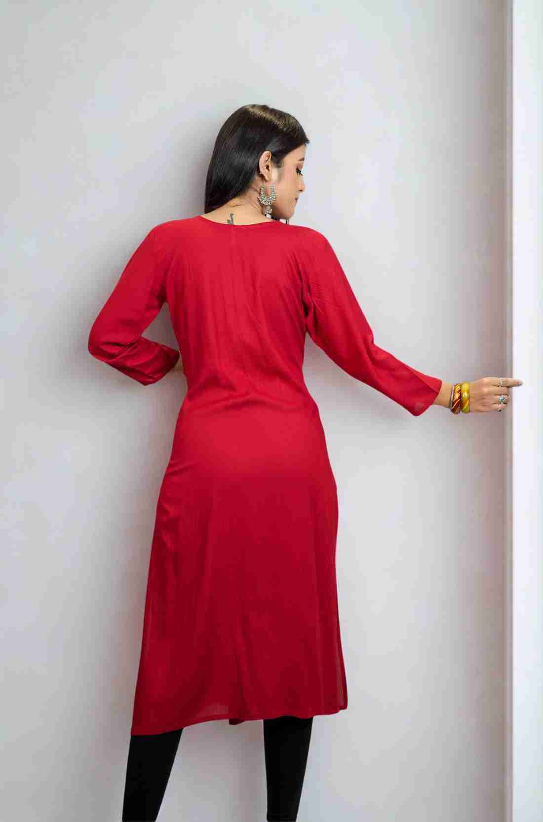 Maroon Rayon Hand Embroidered Kurta – Back View