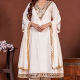 Off white mirror work Vatican Silk A-line 3 piece kurta set for women, full front view with chiffon dupatta